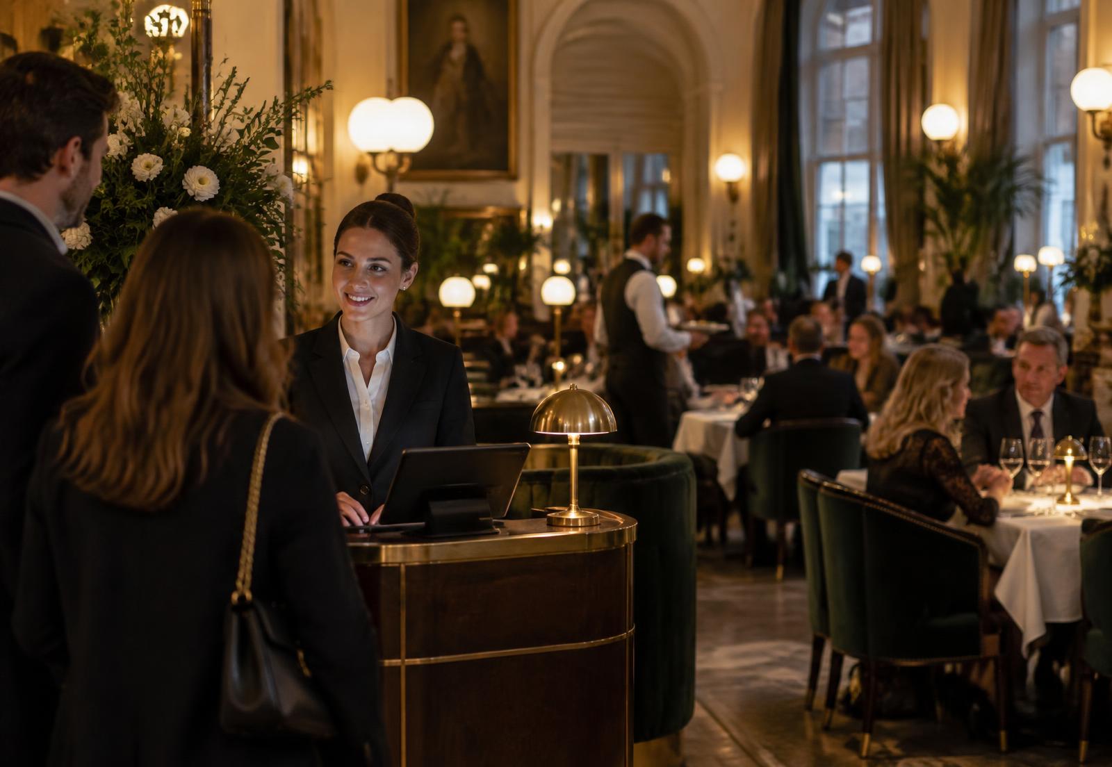 Gastgeberin empfängt Gäste am Empfang eines vollen Restaurants